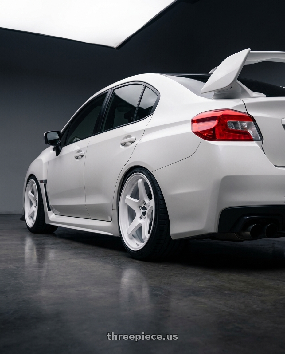 2016 Subaru va Sti with ESR Wheels APX5C 5x114.3 19x9.5 +35 Gloss White wheels rear three quarter view square tires