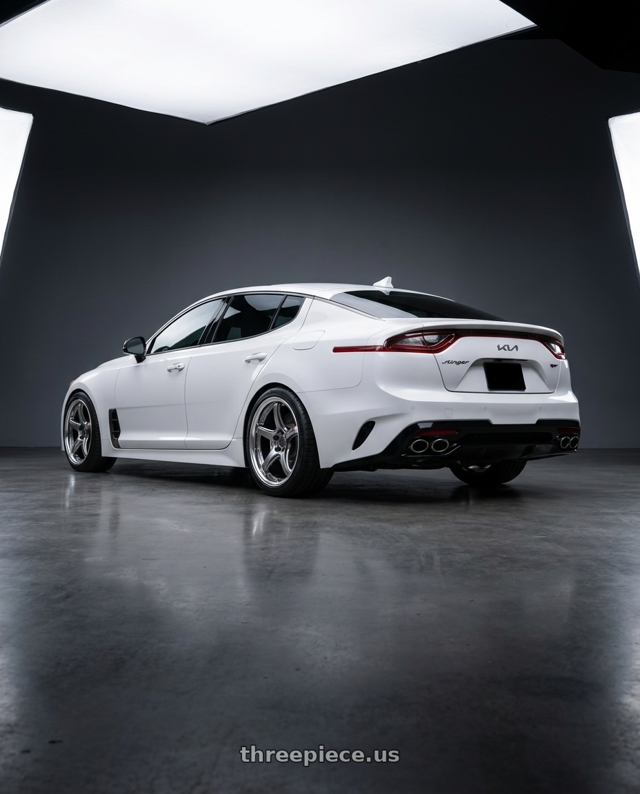 2023 Kia Stinger GT2 with Work T5R 2P 5x114.3 19x9.0 +38 GT SILVER wheels rear three quarter view square tires
