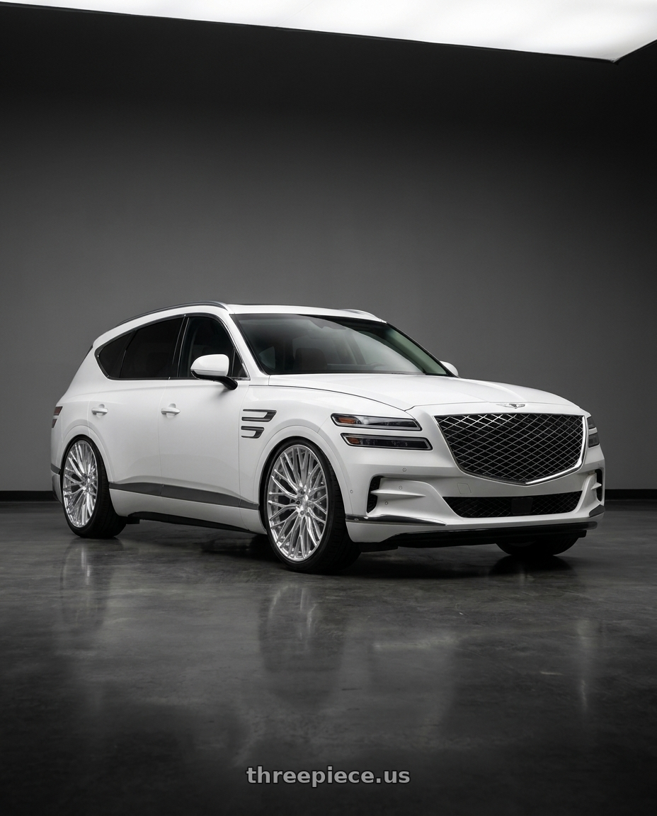 2027 Genesis GV80 with AL13 FR100 5x114.3 22x10 +35 Diamond Silver wheels front three quarter view slammed stance