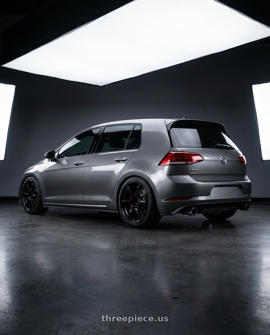 2019 Volkswagen GTI MK7 with Advan RGIII 5x112 18x8+42 Gloss Black wheels rear three quarter view square tires