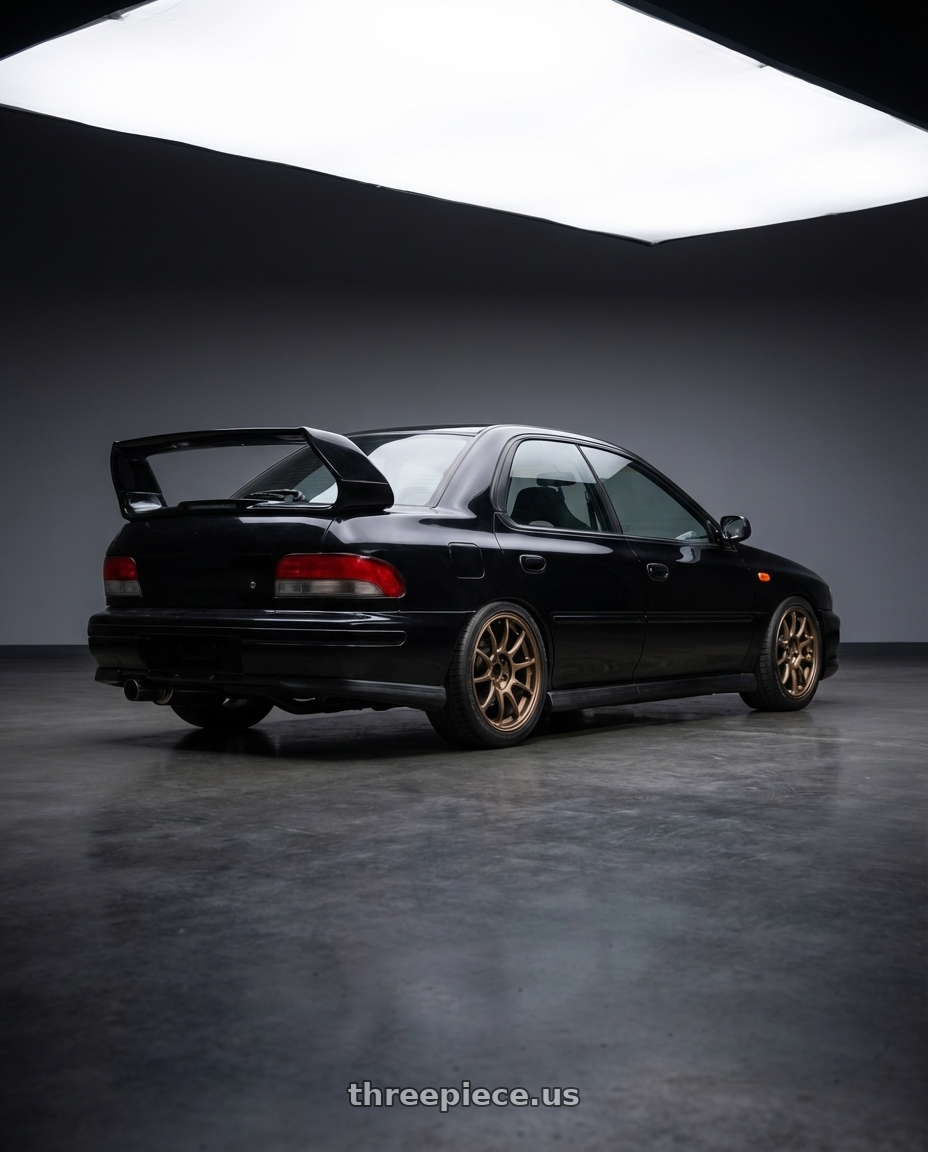 1998 Subaru Impreza GC8 with Volk Racing ZE40 5x100 17x8.5+44 Bronze Almite wheels rear three quarter view square tires