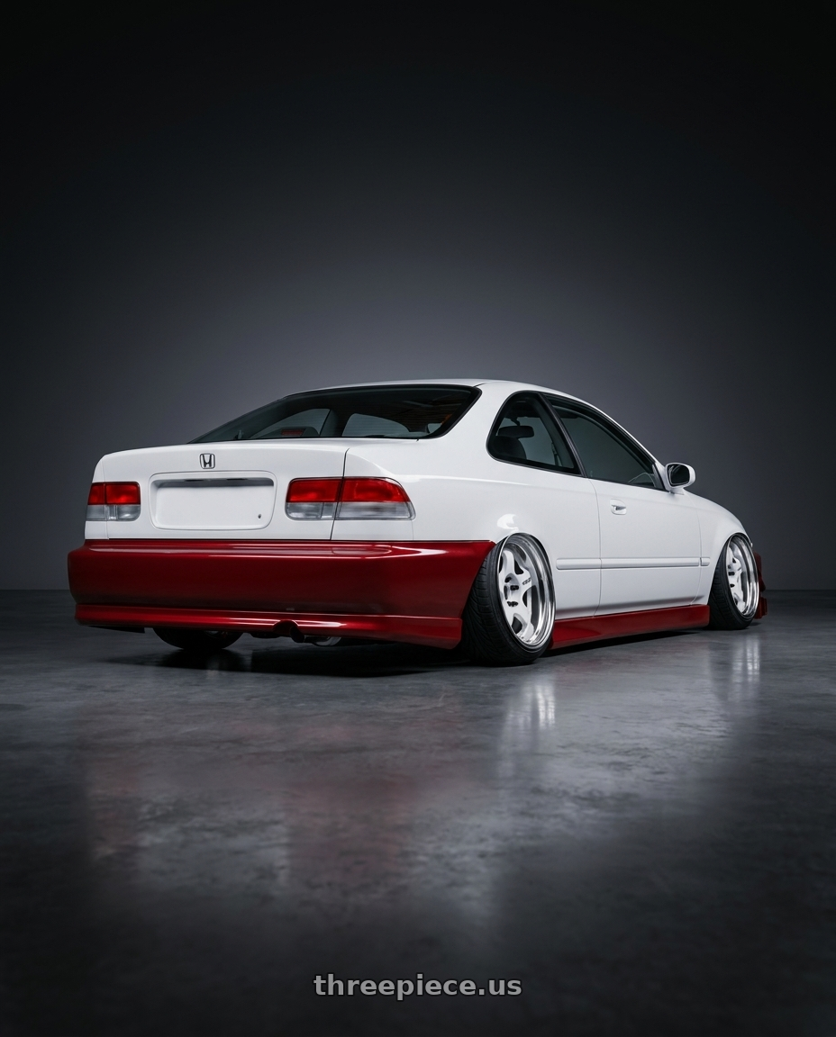 2000 honda civic with Work Meister S1 2P 4x100 15x8+0 O Disk White wheels rear three quarter view extreme stretch tires