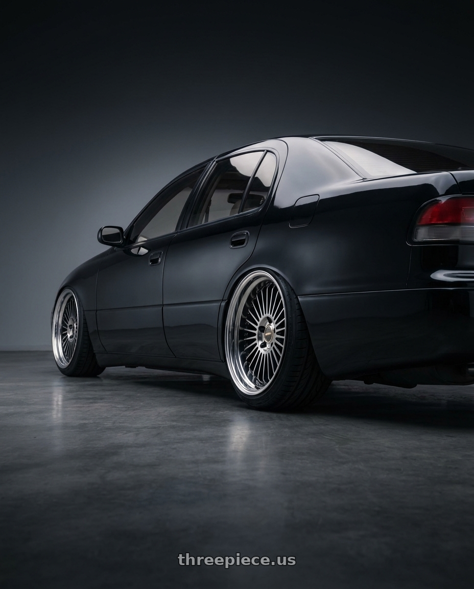 1993 Lexus gs300 with Work Emitz Black Polish 5x114.3 19x11.0 +38 wheels rear three quarter view extreme stretch tires