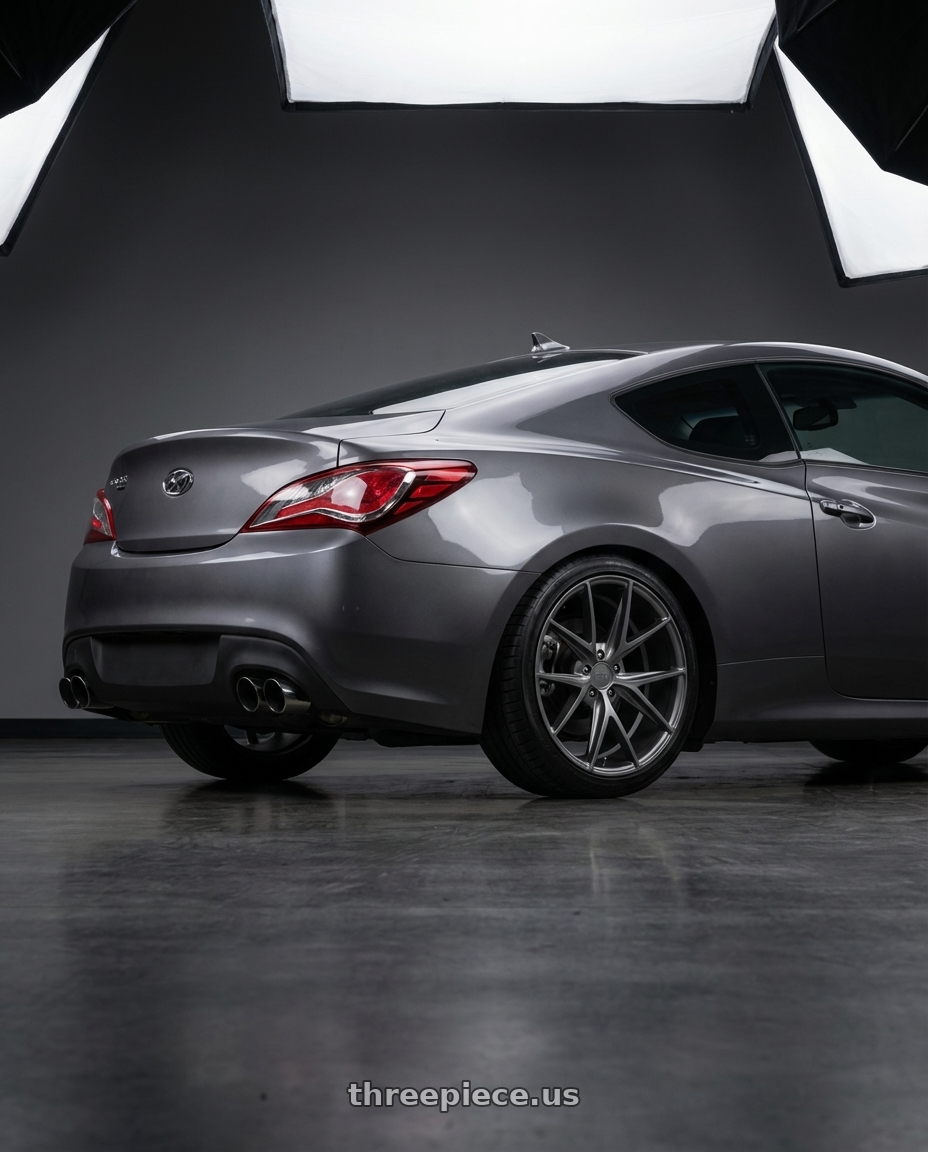 2014 Hyundai Genesis Coupe with Niche 1PC M116 MISANO 5X114.3 19X9.5 +35 MATTE GUN METAL wheels rear three quarter view square tires