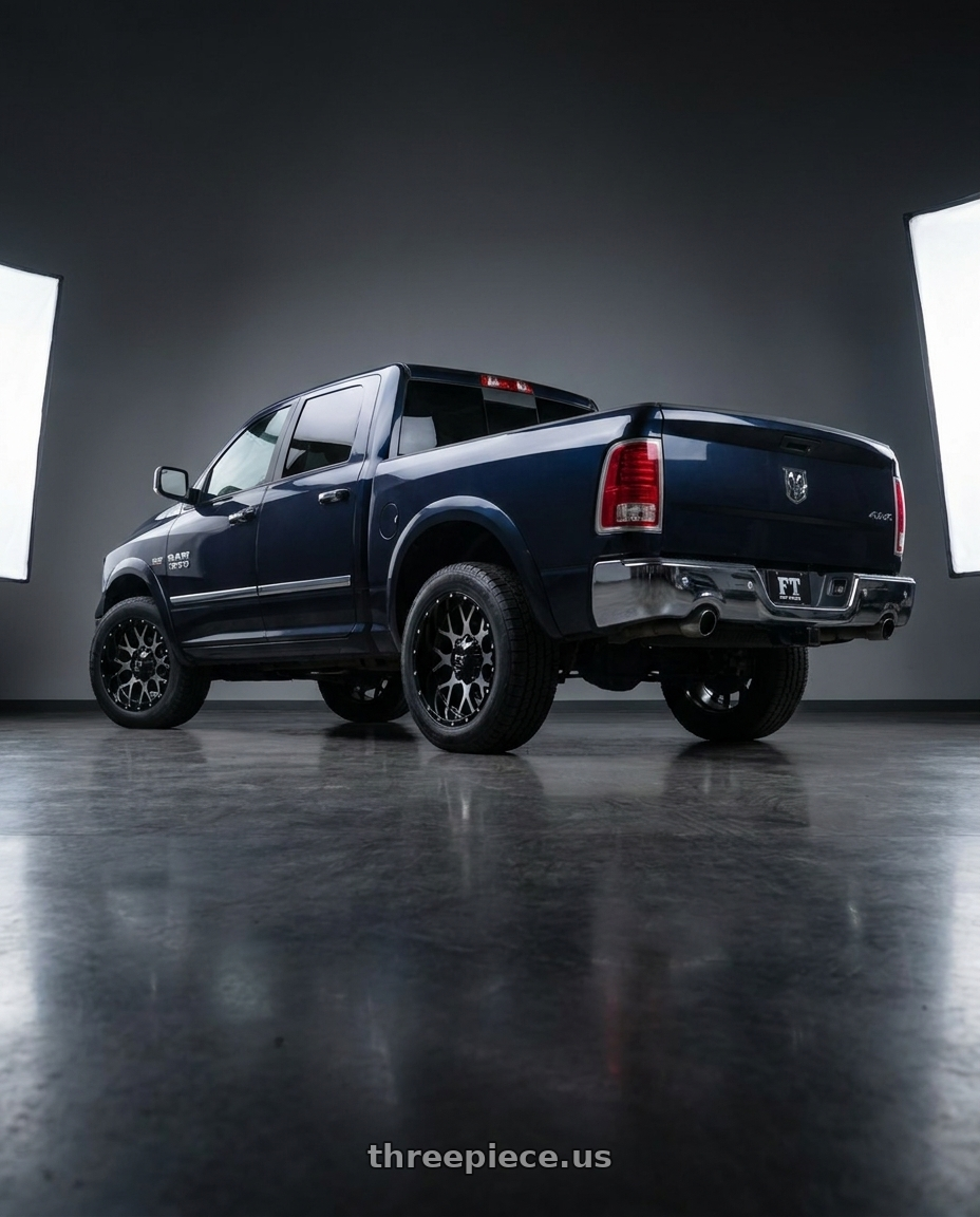 2016 ram 1500 with FULL THROTTLE FT0151 5x139.7/5x150 18x9-12 BLACK  / MACHINED wheels rear three quarter view square tires