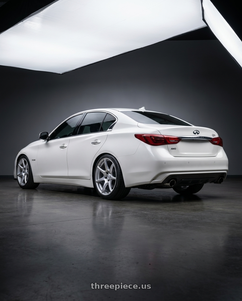 2020 Infiniti Q50 with Kansei K11S Tandem 5x114.3 19x9.5 22 Hyper Silver wheels rear three quarter view square tires