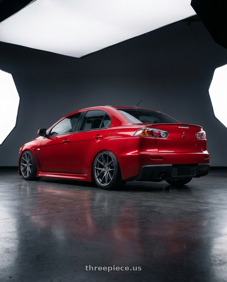 2012 Mitsubishi Lancer Evo X with Niche 1PC M116 MISANO 5X114.3 18X8 +40 MATTE GUN METAL wheels rear three quarter view slight stretch tires