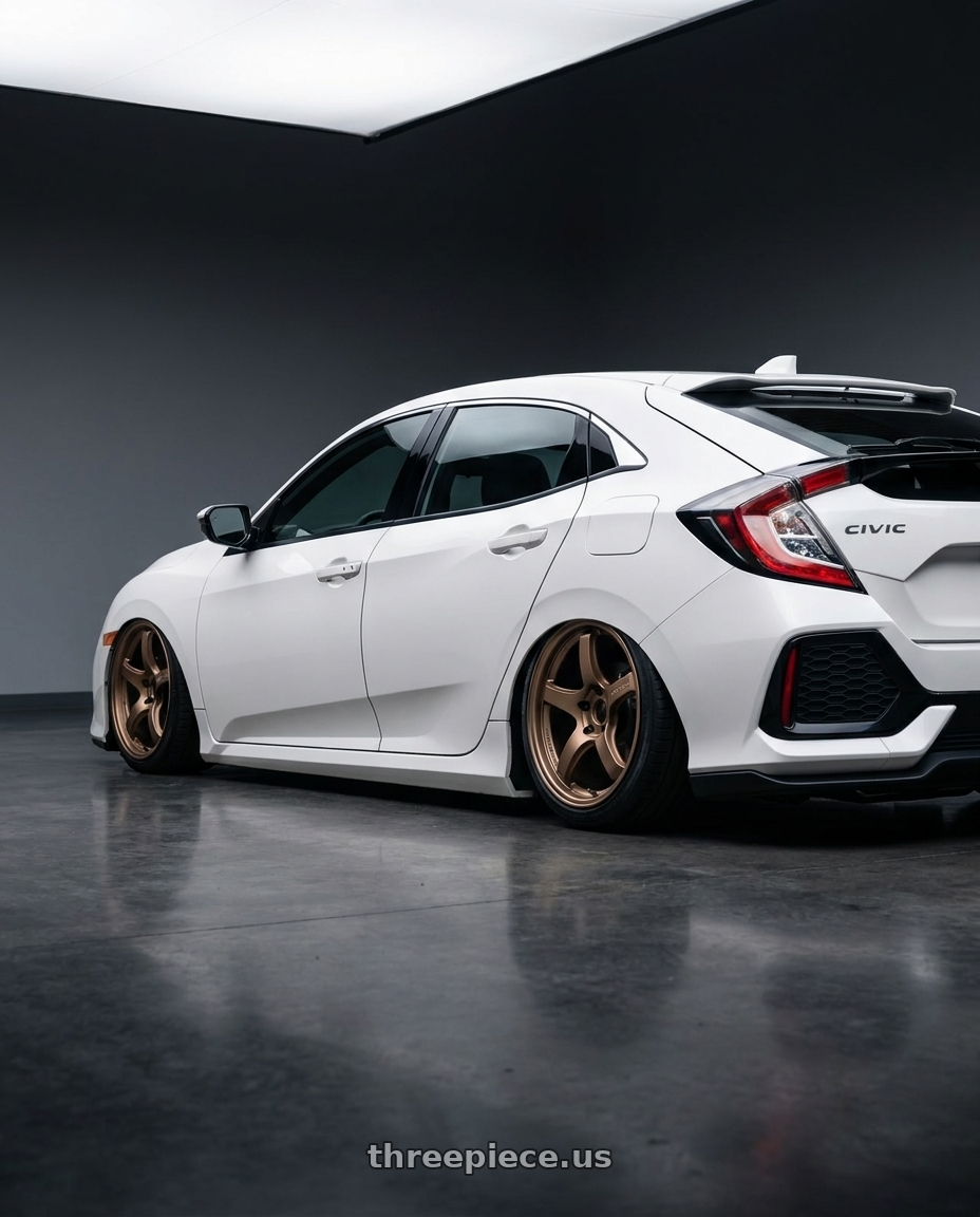 2019 Honda Civic with Gram Lights 57CR 5x114.3 18x9.5+12 Bronze II wheels rear three quarter view slight stretch tires