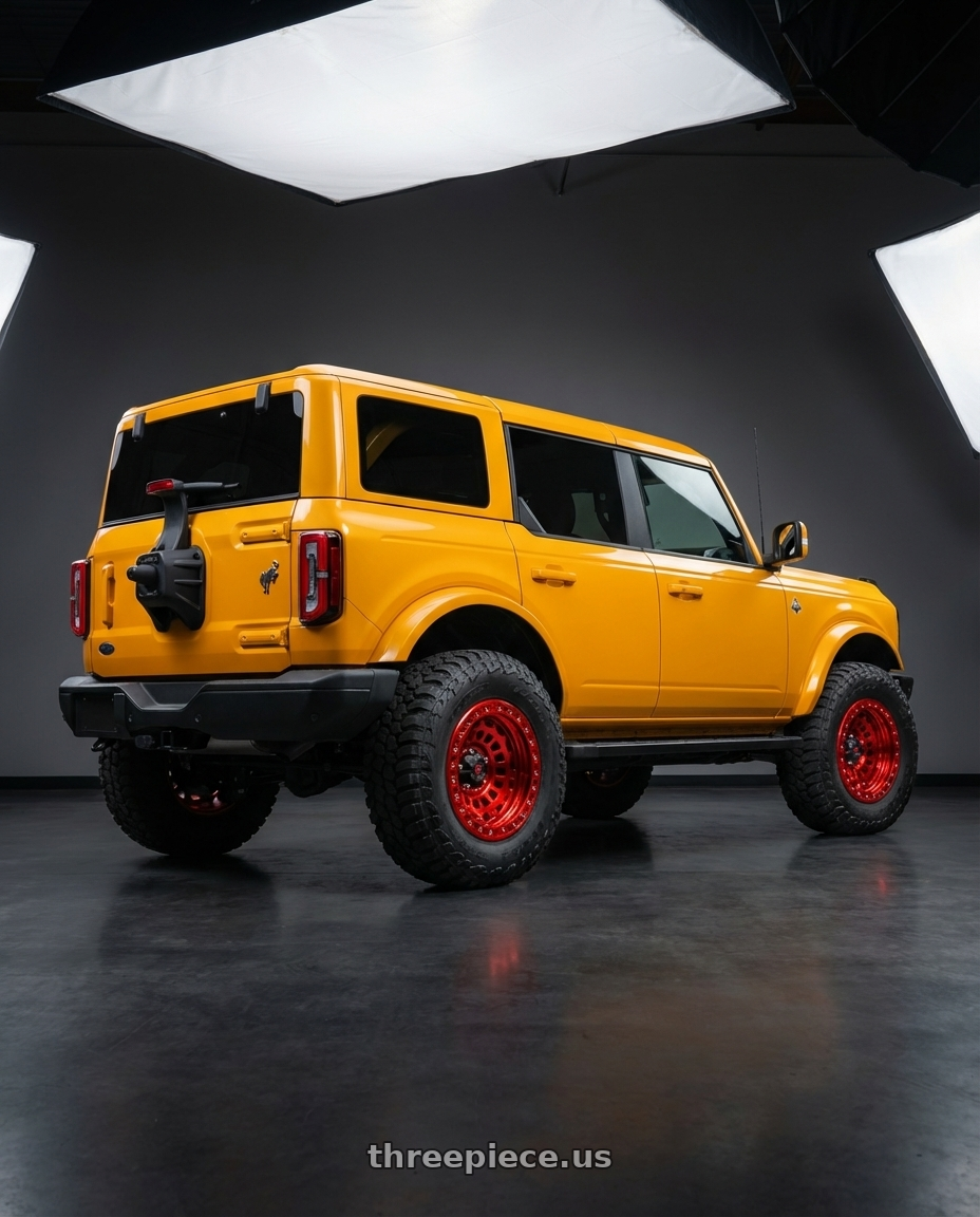 2024 Ford Bronco with Fuel 1PC D100 ZEPHYR BEADLOCK 6X139.7 17X9 -15 CANDY RED wheels rear three quarter view meaty tires