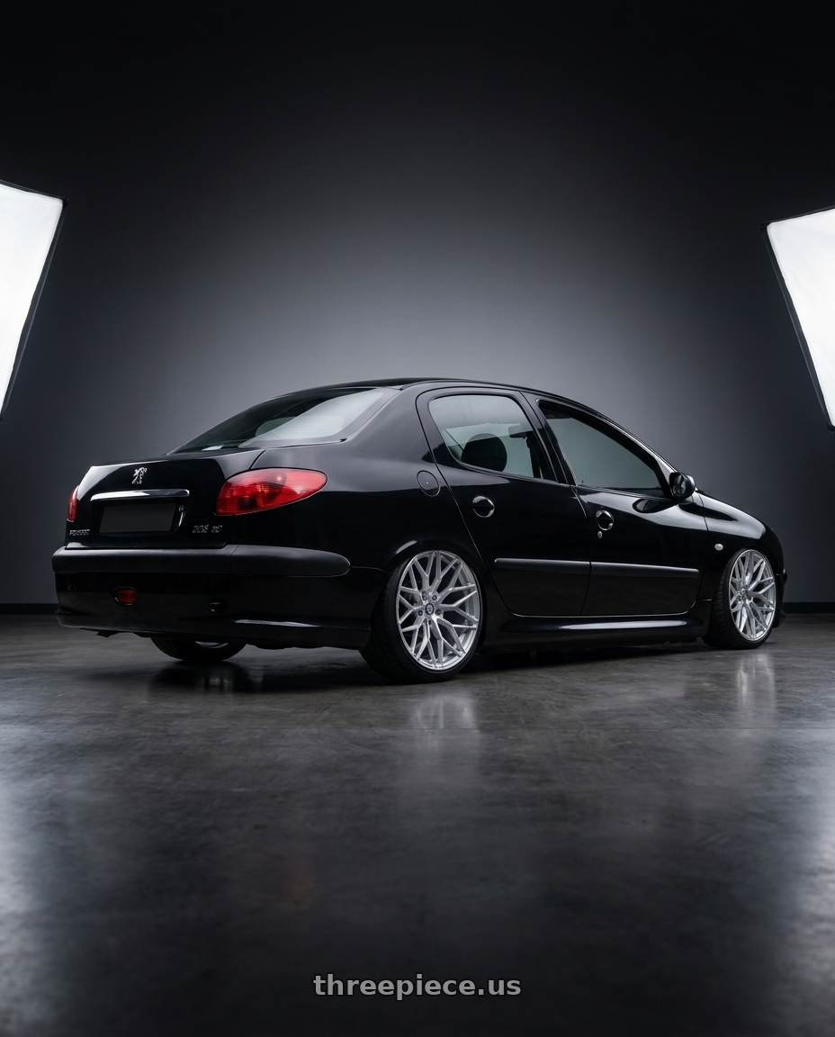 2011 Peugeot 206 SD with ESR Wheels CX3 5x114.3 20x10 +34 Brushed Hyper Silver wheels rear three quarter view square tires