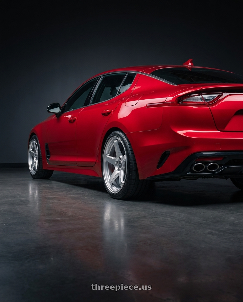 2018 Kia Stinger GT2 AWD with ESR Wheels APX5C 5x114.3 19x8.5 +30 Hyper Silver wheels rear three quarter view square tires