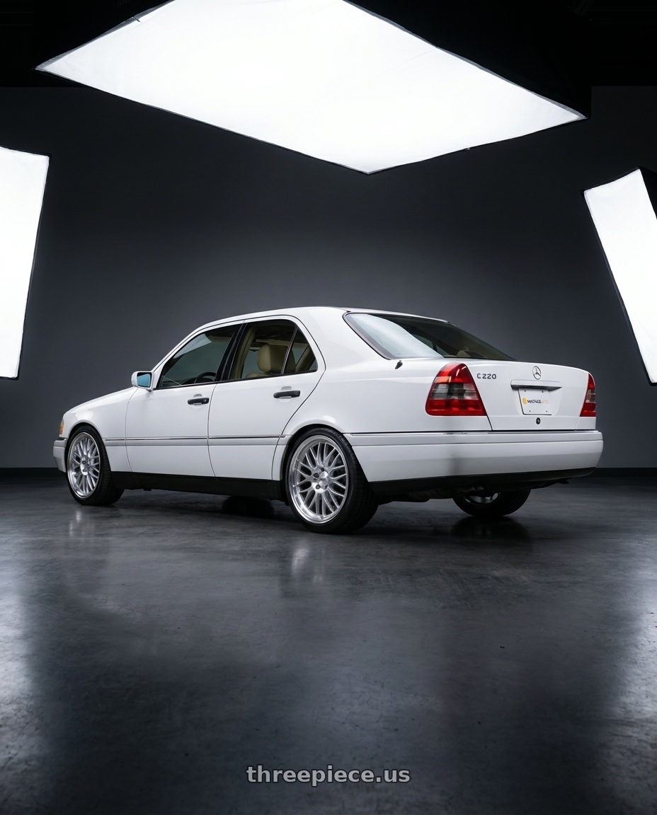 1995 mercedes c220 with Petrol P4C 5X112 16X7 +40 SILVER W/ MACHINED FACE & LIP wheels rear three quarter view square tires