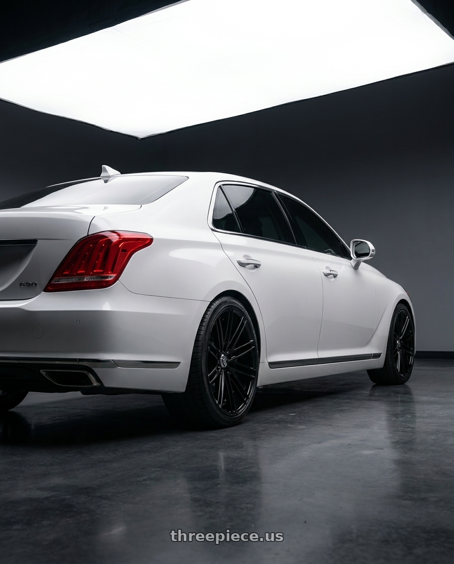 2018 genesis g90 ultimate with MARQUEE WHEELS M3246 5x114.3 20x9+35 GLOSS BLACK wheels rear three quarter view square tires