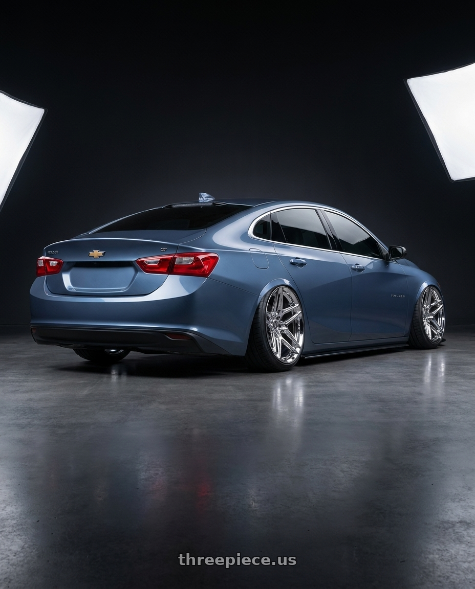2019 Chevy malibu with HERITAGE WHEEL EBISU MONOC 5x115 20x9 +25 CHROME wheels rear three quarter view extreme stretch tires
