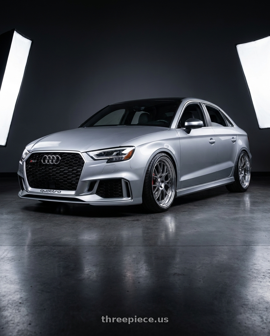 2017 Audi RS3 with SSR Professor MS3 5x112 20x11+37 SL Disk Titan Silver wheels front three quarter view lowered stance