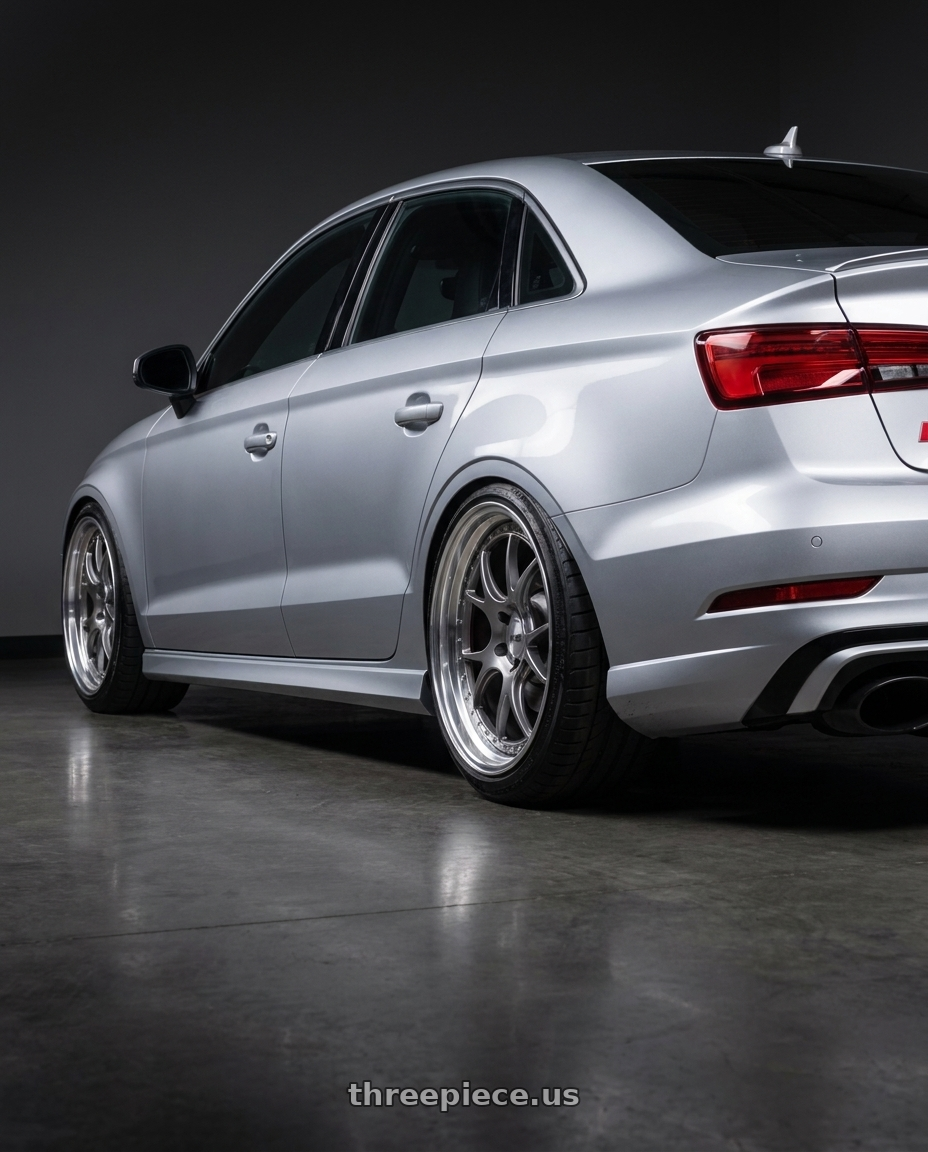2017 Audi RS3 with SSR Professor MS3 5x112 20x11+37 SL Disk Titan Silver wheels rear three quarter view extreme stretch tires