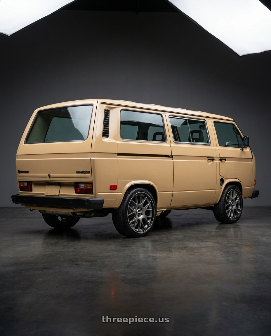 Volkswagen, Vanagon, 1985 with BBS CH-RII 5x112 22x10.5 +15 Satin Platinum Center Black Lip SS Rim Prot wheels rear three quarter view square tires