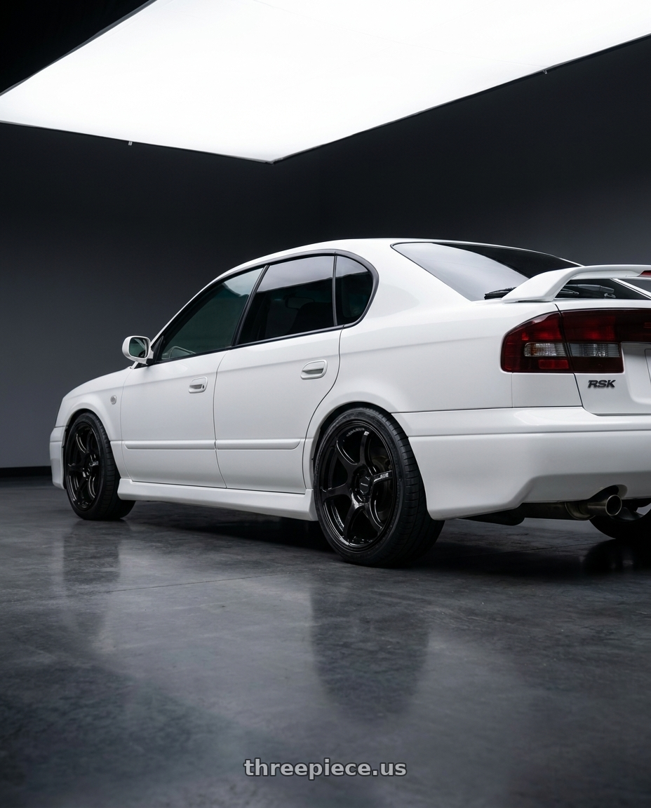 2000 Subaru Legacy B4 BE5 RSK  with Advan RGIII 5x100 17x7.5+50 Gloss Black wheels rear three quarter view square tires
