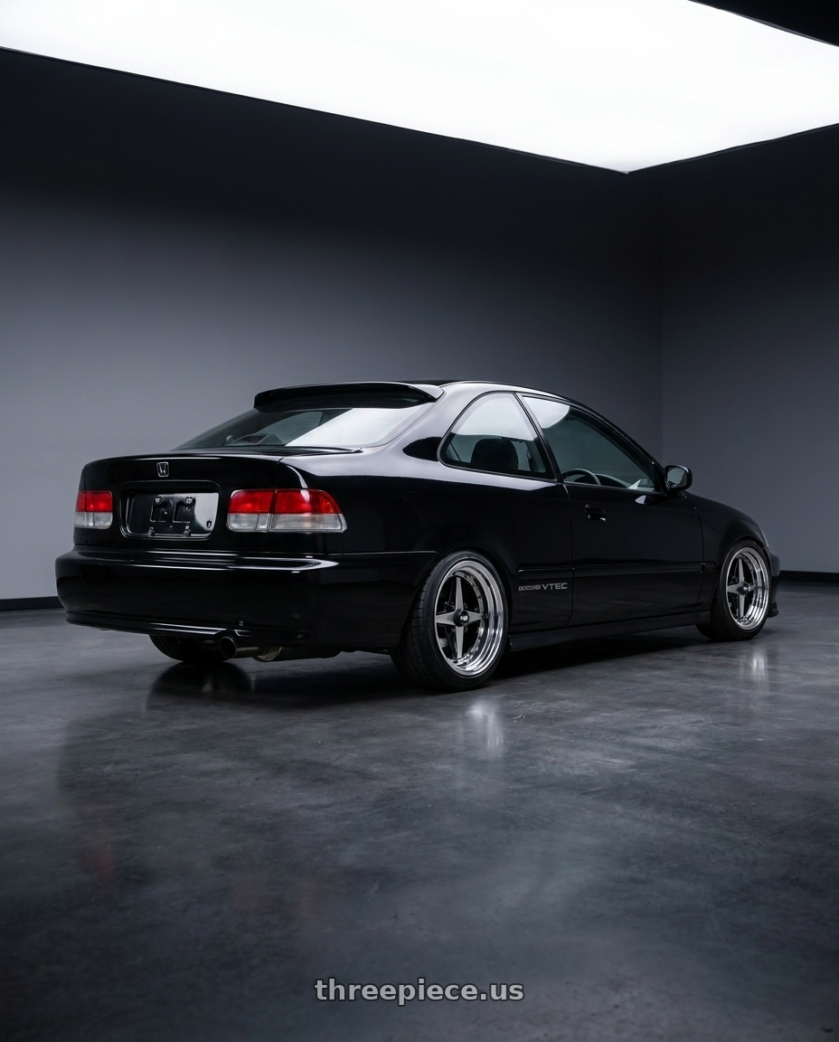 1996 Honda civic ex with Equip 01 Black Polish 4x100 15x6 +7 wheels rear three quarter view square tires