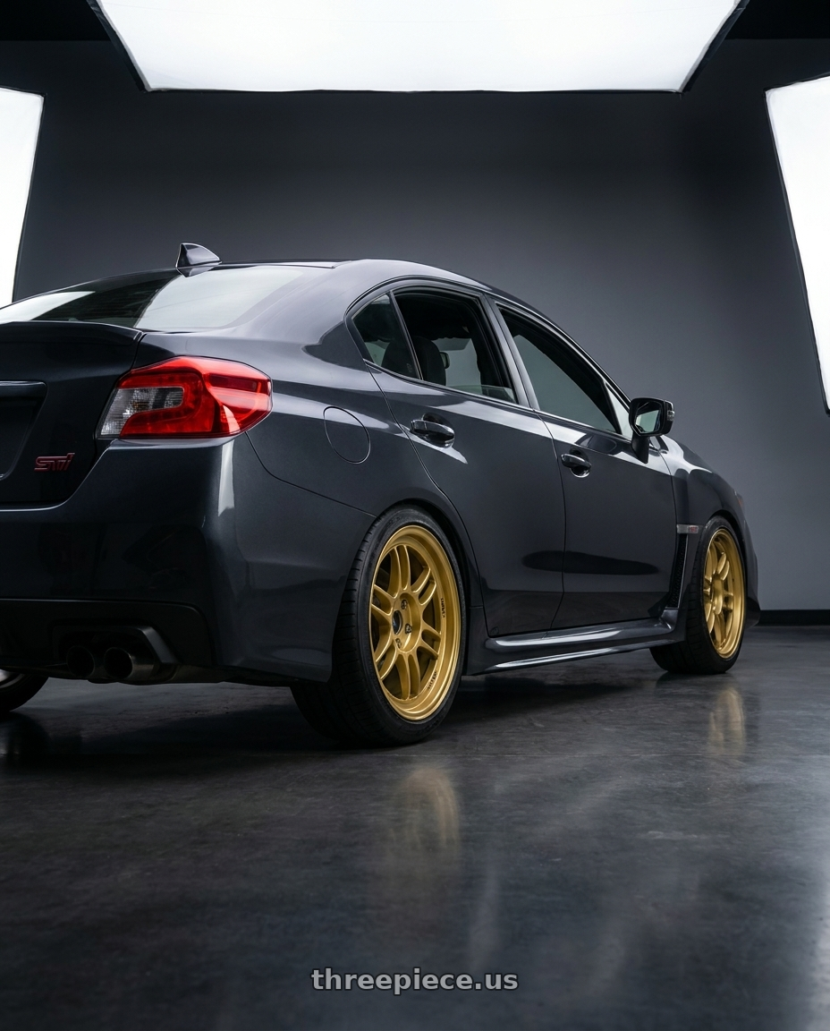 2021 Subaru WRX with Enkei RPF1 5x114.3 17x9+35 Gold wheels rear three quarter view square tires