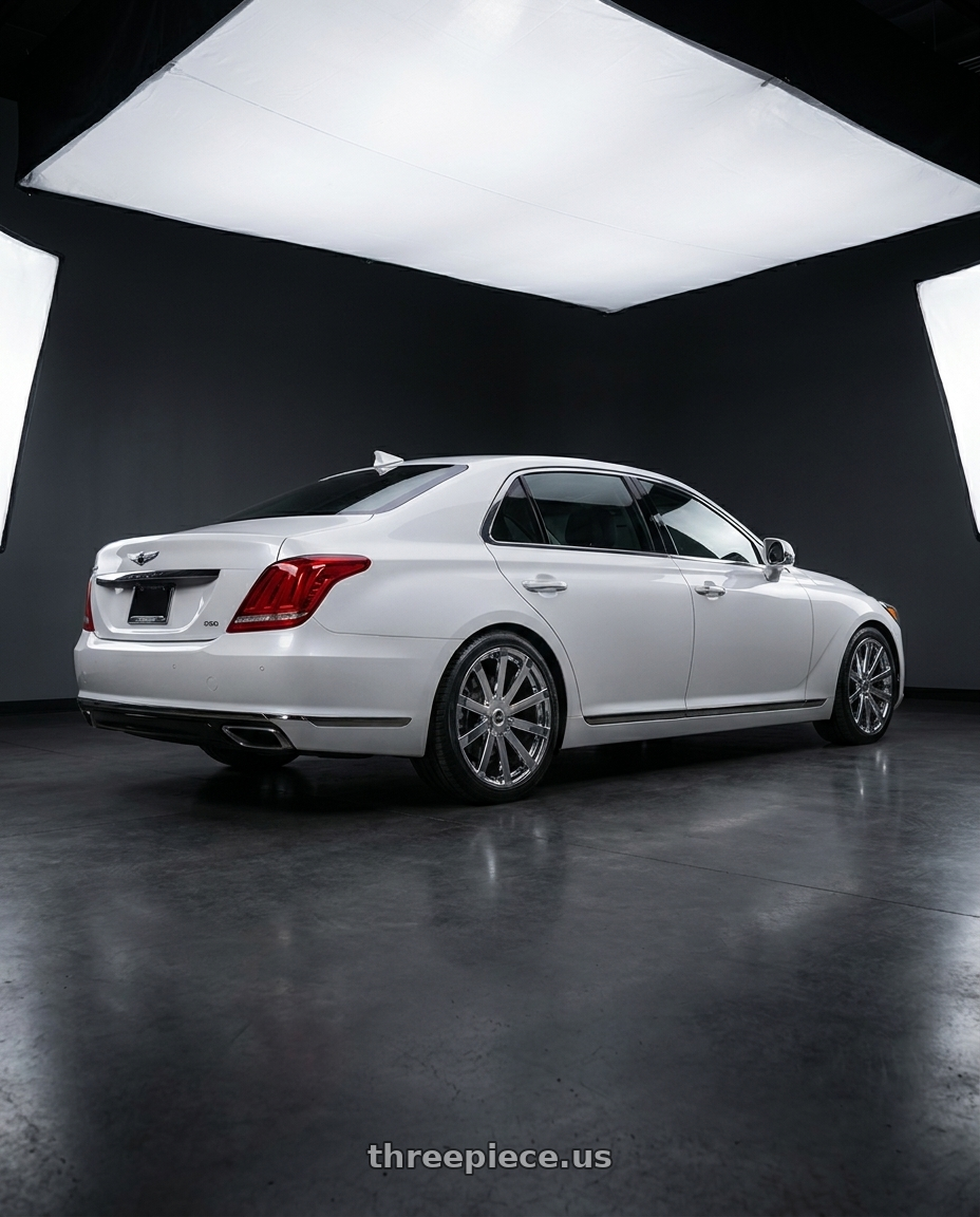 2018 genesis g90 ultimate with Strada Gabbia 5x114.3/5x120 20x8.5 +35 Chrome wheels rear three quarter view square tires