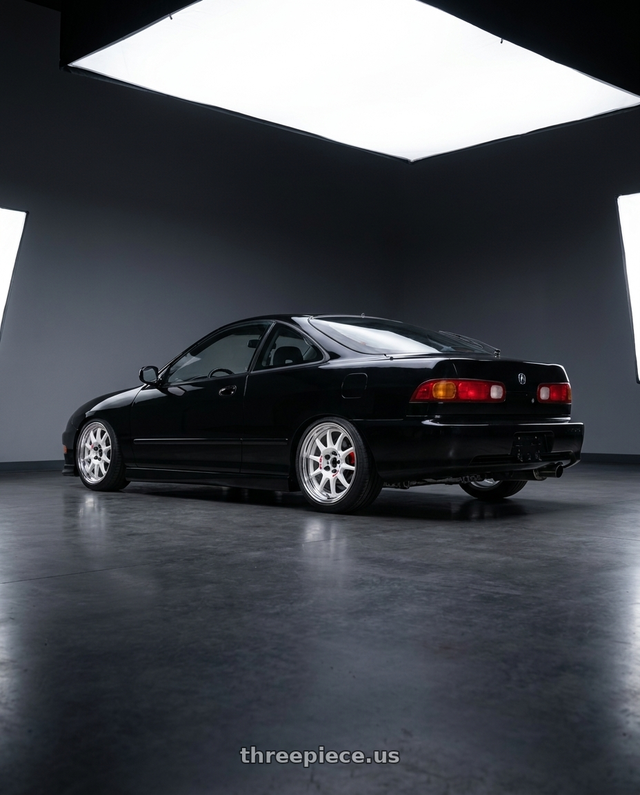 1998 Acura Integra gsr with Work Emotion Rs11 2p 4x100 16x6 38 white wheels rear three quarter view slight stretch tires
