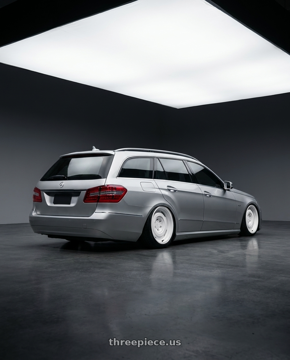 2010 Benz s212 with fifteen52 ANALOG HD 6x139.7 16x7.5 +0 CLASSIC WHITE (GLOSS WHITE) wheels rear three quarter view square tires