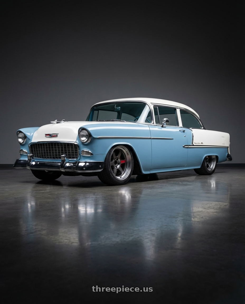 1955 Chevy belair  with Volk Racing TE37V 5x114.3 17x10 -20 GUNMETAL wheels front three quarter view slammed stance