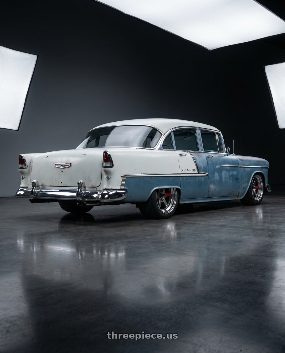 1955 Chevy belair  with Volk Racing TE37V 5x114.3 17x10 -20 GUNMETAL wheels rear three quarter view square tires