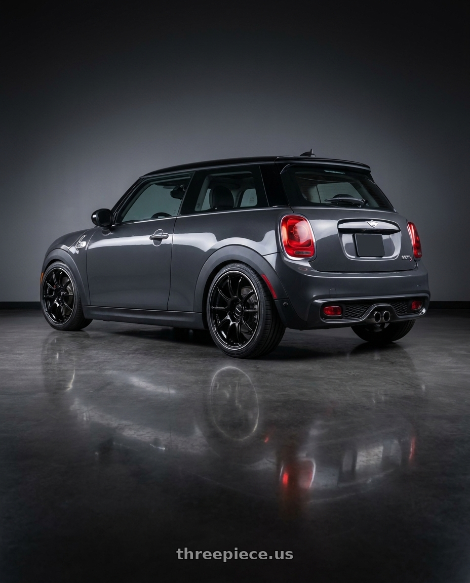 2016 Mini Cooper S with Advan Racing RZII 5x112 18x7.5 +48 RACING GLOSS BLACK & RING wheels rear three quarter view square tires