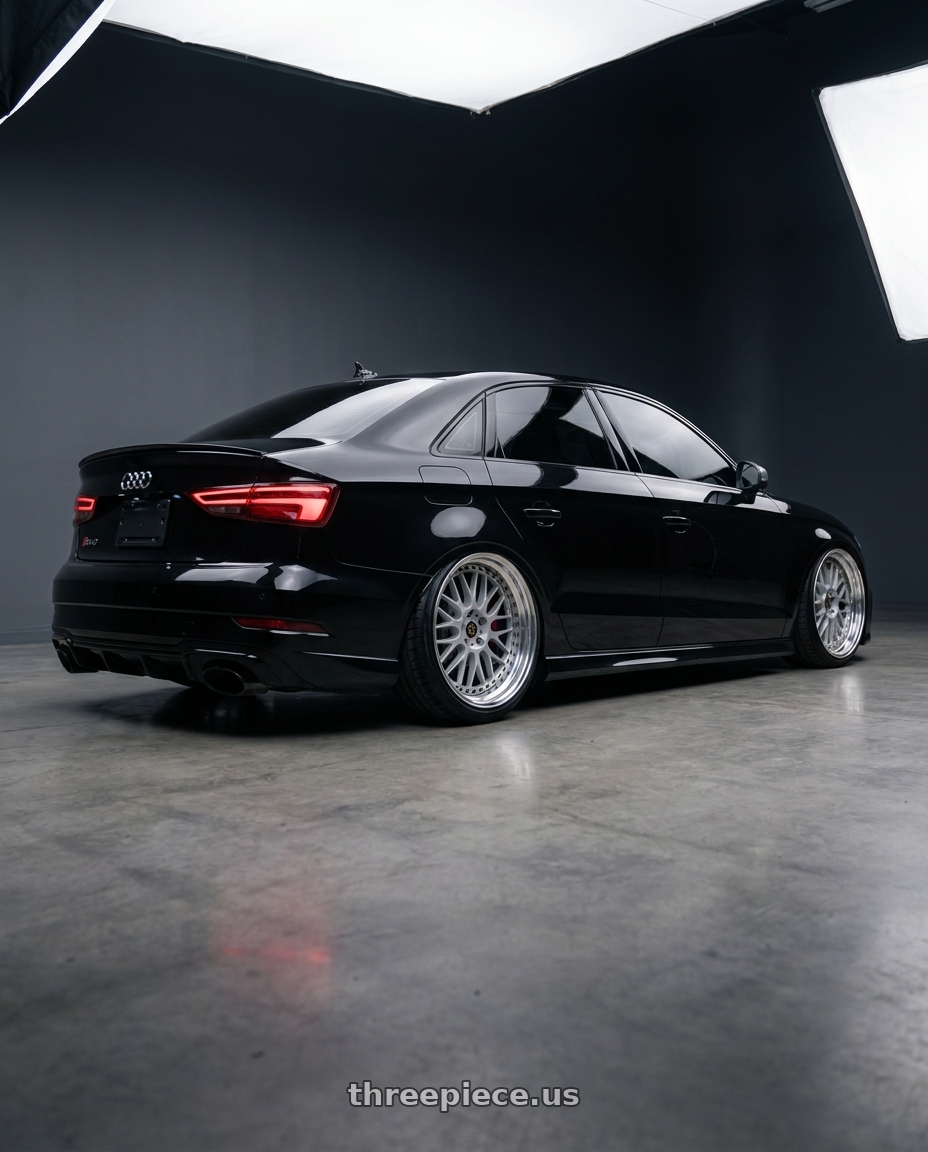 2017 Audi RS3 with Work Vs-Xx 5x112 20x11+30 T Disk Light Grey Silver wheels rear three quarter view extreme stretch tires