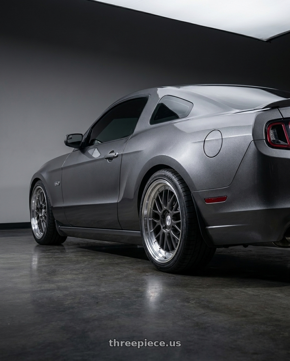 2014 Ford Mustang GT with ESR Wheels SR SERIES SR05 5x114.3 19x9.5 +35 Gloss Graphite wheels rear three quarter view square tires