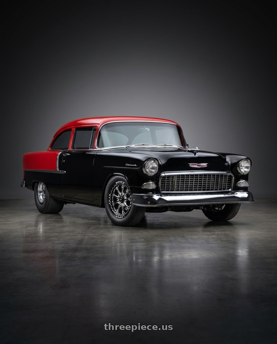 1955 Chevy 210, Black and Red with WELD Performance Belmont Drag Beadlock 5x127 20x10.5 +38 Gloss Black/Milled Diamond Cut Lip wheels