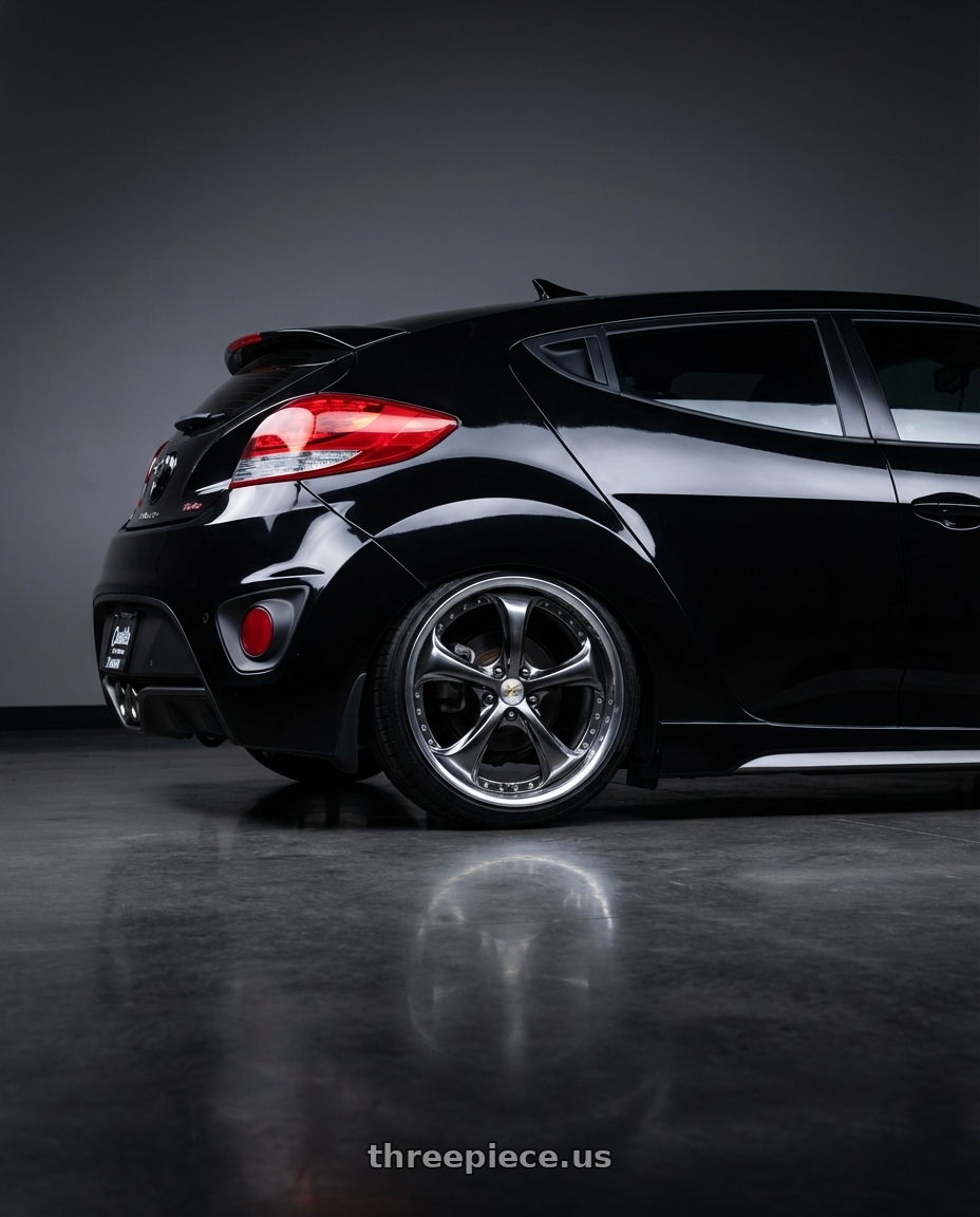 2015 Hyundai Veloster Turbo  with Work Wheels VS-KF 5X114.3 19x9-35 Brilliant Silver Black L Disk FULL REVERSE wheels rear three quarter view slight stretch tires