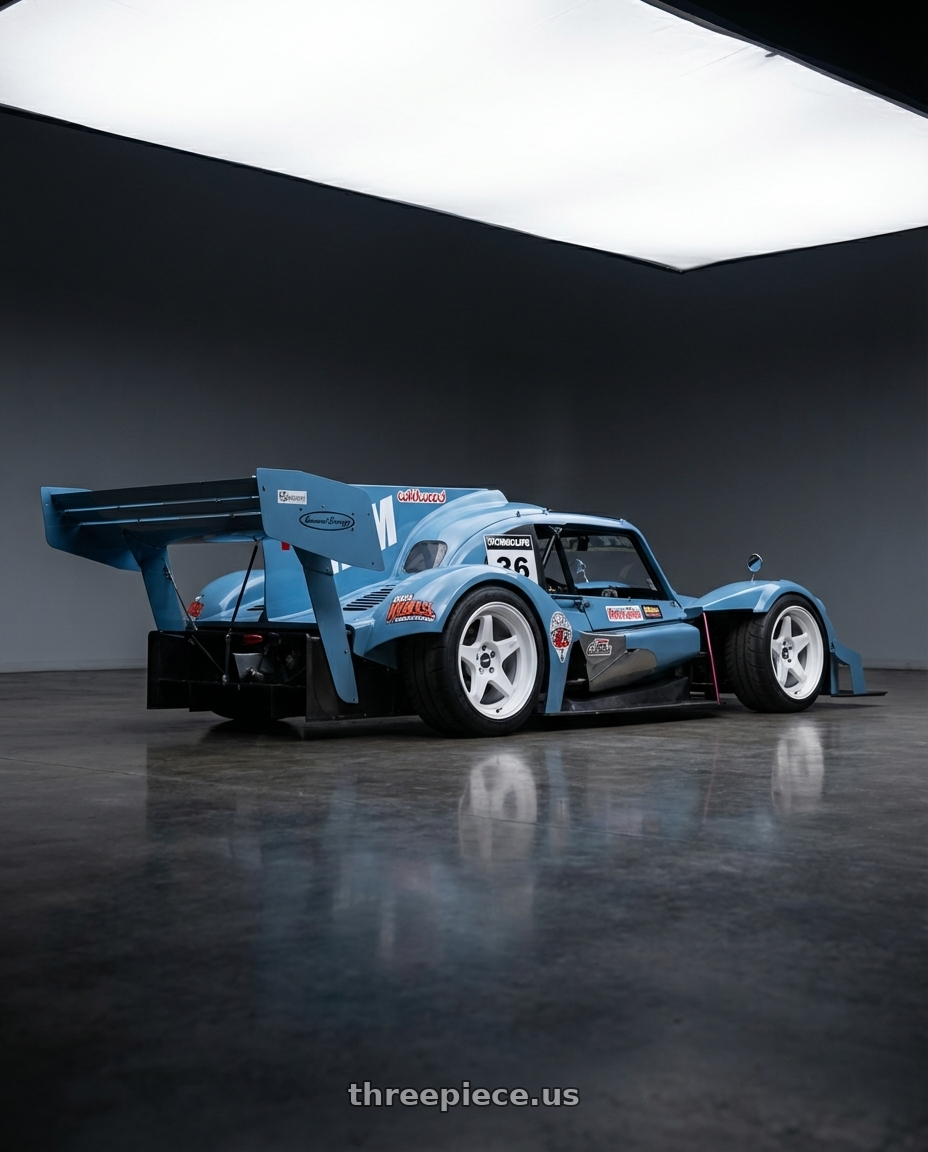 1968 Subaru 360 with ESR Wheels CR SERIES CR5 5x100 18x8.5 +30 Gloss White wheels rear three quarter view slight stretch tires