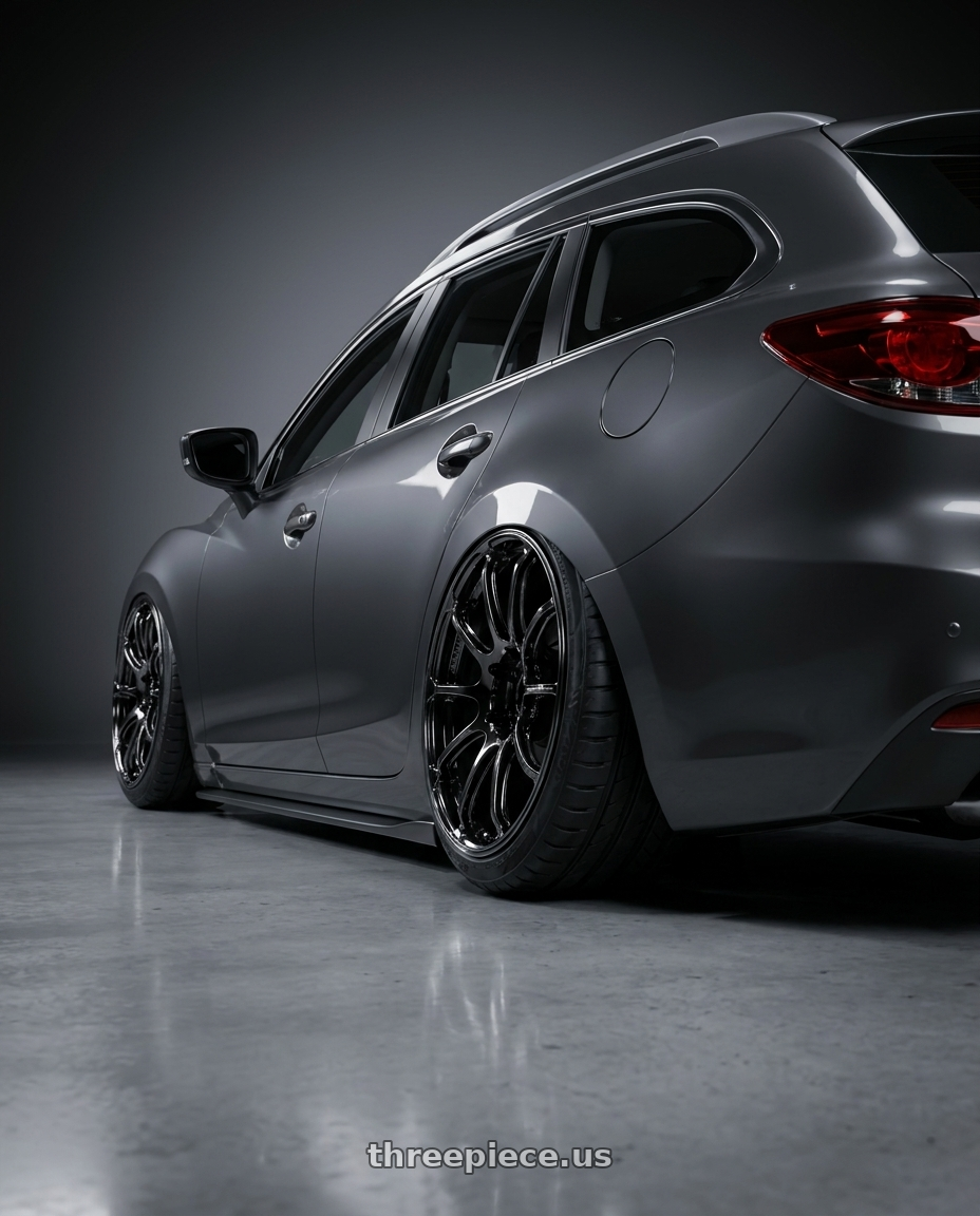 2019 Mazda 6 wagon with Advan Racing RSIII 5x114.3 19x8.0 +45 BLACK CHROME wheels rear three quarter view meaty tires