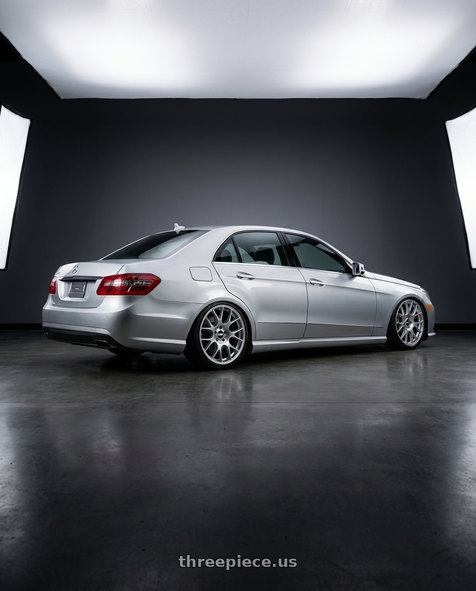 2010 Mercedes eclass with BBS CH-R 5x130 19x11 +56 Brilliant Silver Polished Rim Protector wheels rear three quarter view slight stretch tires