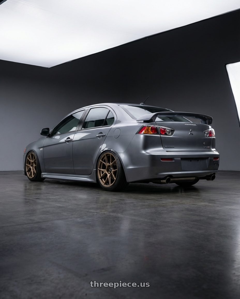 2014 Mitsubishi Lancer Ralliart with Konig Ampliform 5x114.3 18x8.5+35 Gloss Bronze wheels rear three quarter view slight stretch tires