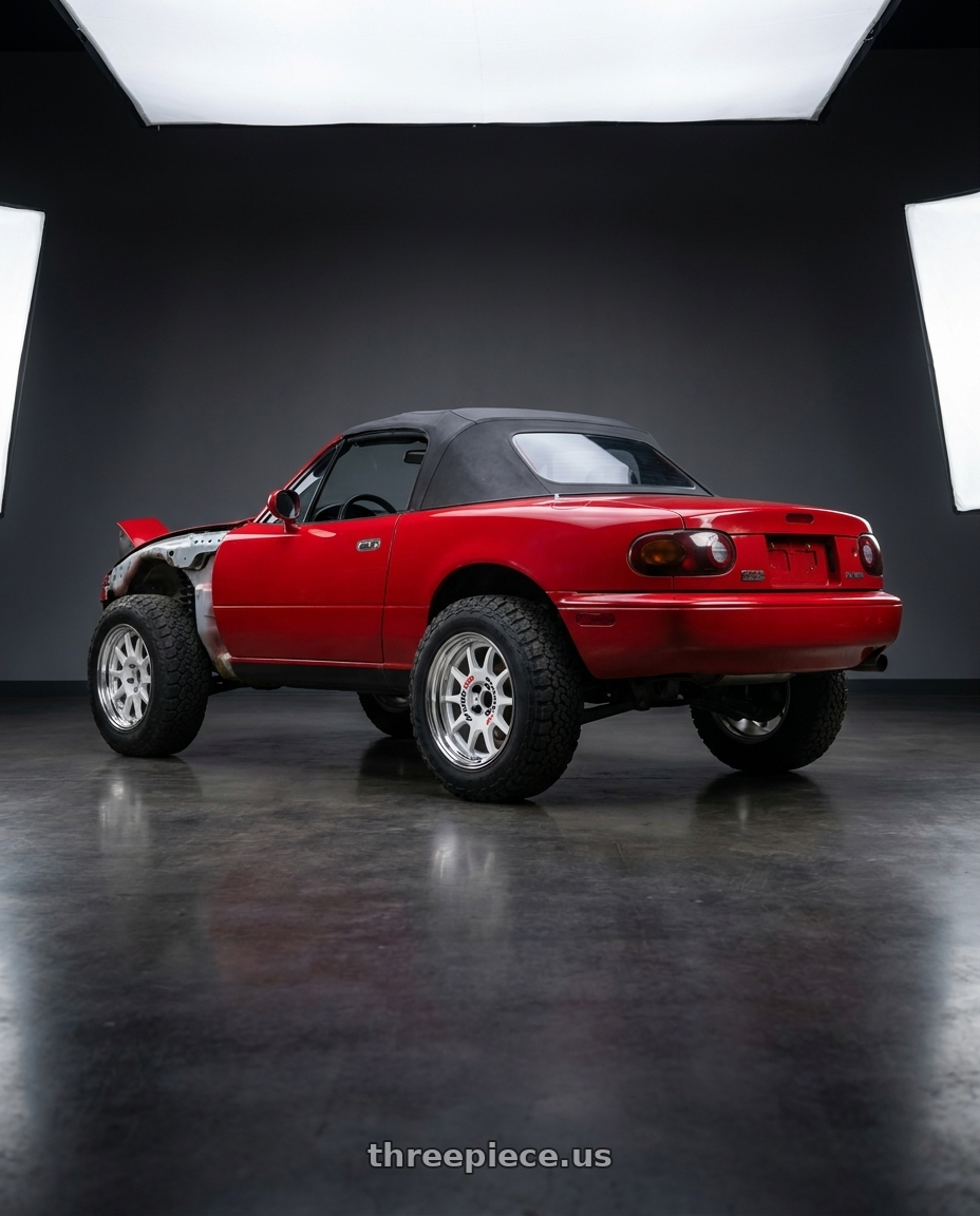 1993 Mazda miata with Work Emotion Rs11 2p 4x100 17x10.5 12 white wheels rear three quarter view meaty tires