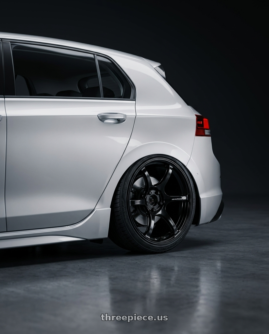 2024 Volkswagen Golf R MK8 with Advan RGIII 5x112 19x8.5+45 Gloss Black wheels rear three quarter view slight stretch tires