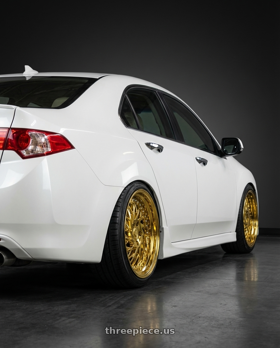 2013 Acura TSX with Aodhan DS03 5x114.3 18x9.5 +30 Gold Vacuum w/ Chrome Rivets wheels rear three quarter view square tires