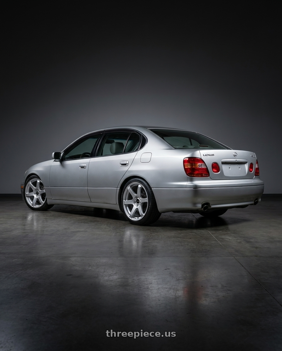 2001 Lexus Gs300 with Enkei T6S 5x114.3 18x8.5+35 Matte Silver wheels rear three quarter view square tires