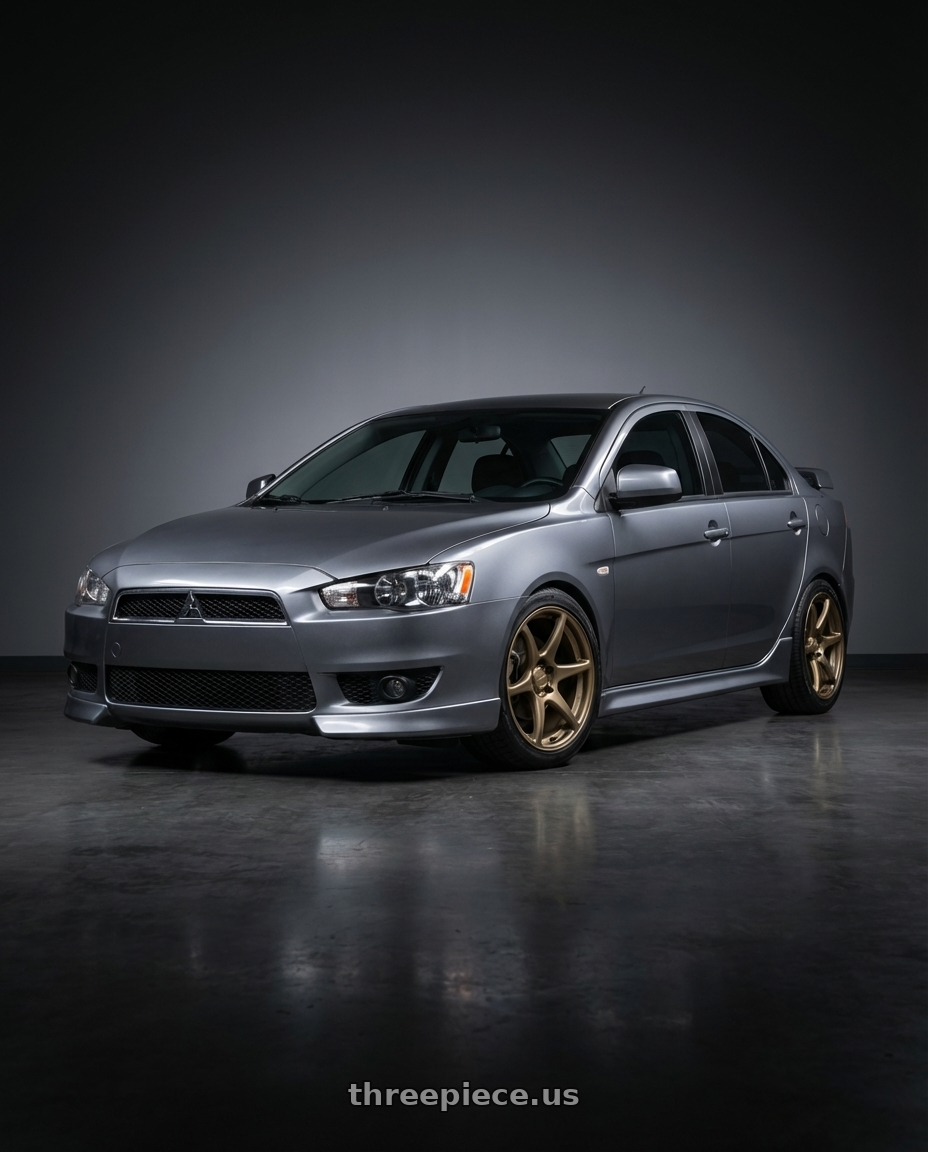 2014 Mitsubishi Lancer Ralliart with Kansei K11B Tandem 5x114.3 18x9 12 Bronze wheels front three quarter view lowered stance