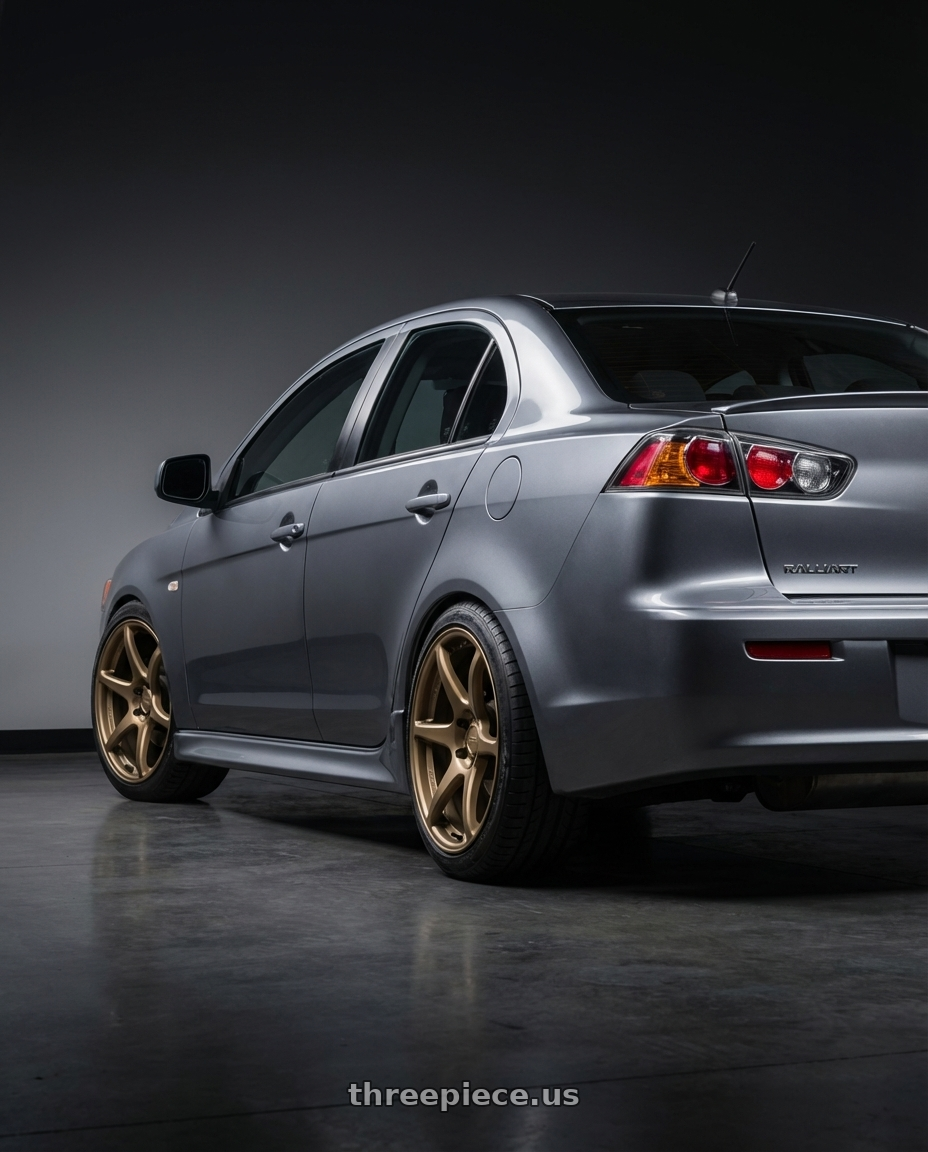 2014 Mitsubishi Lancer Ralliart with Kansei K11B Tandem 5x114.3 18x9 12 Bronze wheels rear three quarter view square tires