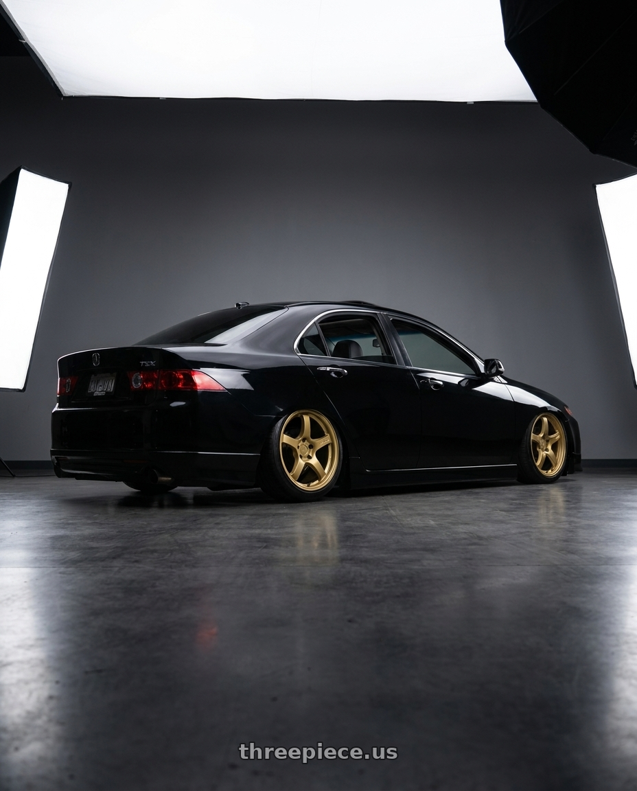 2007 Acura TSX with Gram Lights 57CR 5x100 18x8.5 +45 Almite Gold wheels rear three quarter view slight stretch tires