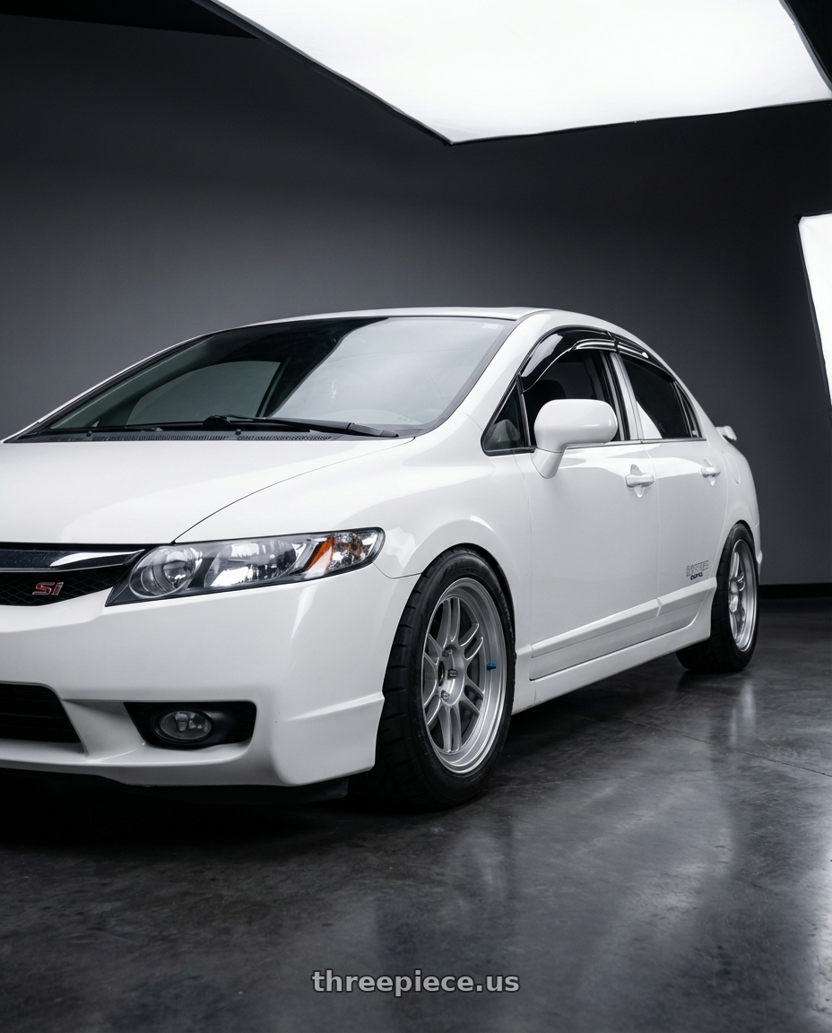 2008 Honda Civic SI with Enkei RPF1RS 5x114.3 18x9.5+12 Silver wheels front three quarter view lowered stance