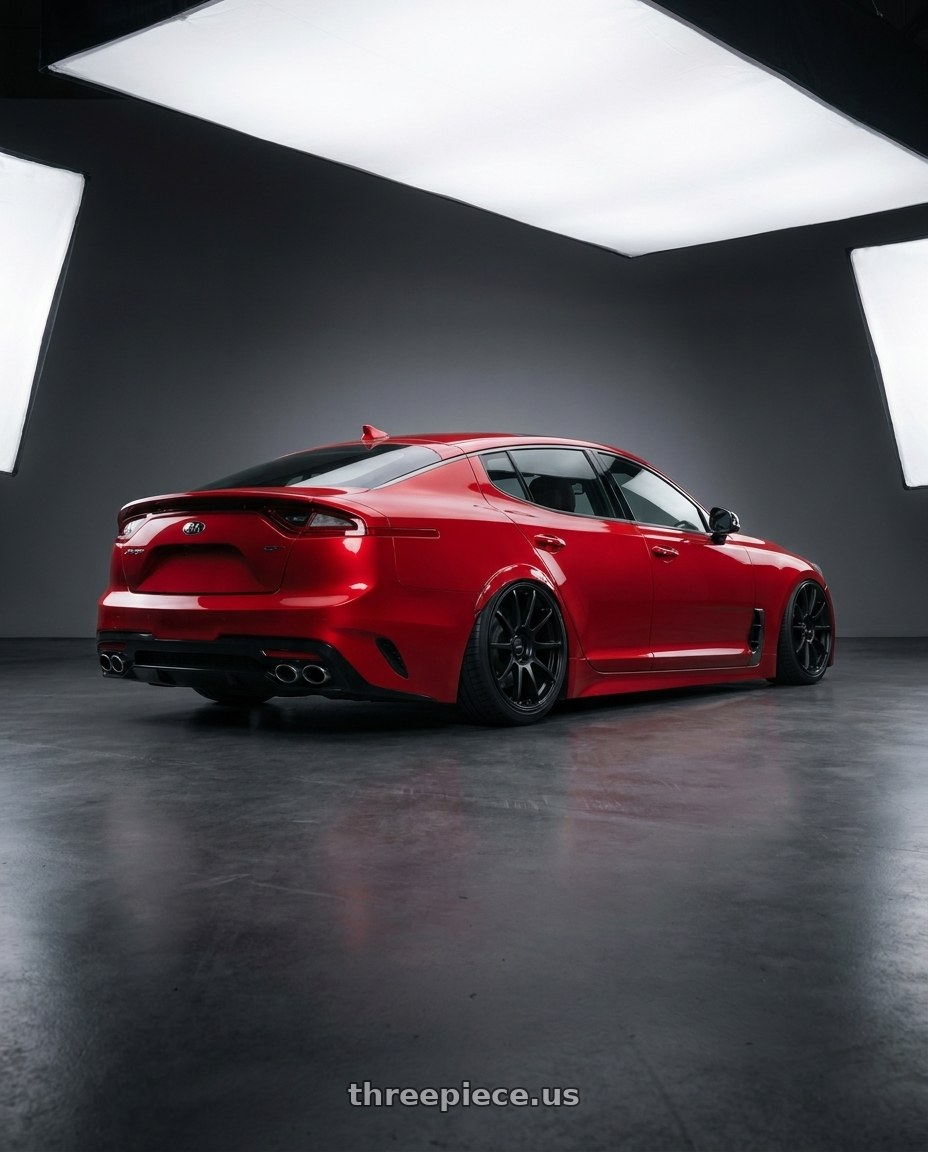 2022 Kia Stinger GT with Ssr Gtv02 5x114.3 19x8.5+38  FLAT BLACK wheels rear three quarter view slight stretch tires