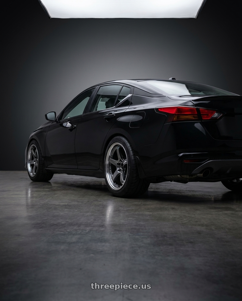 2019 Nissan altima with Advan Racing GT BEYOND 5x114.3 19x8.5 +45 MACHINING & HYPER PLATINUM BLACK wheels rear three quarter view meaty tires