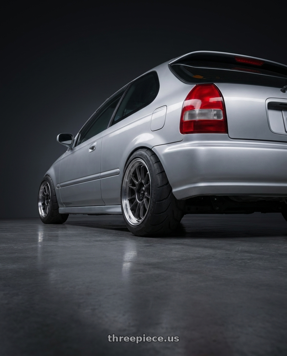 1998 honda civic hatchback silver with Konig Hypergram 4x100 16x8+38 Metallic Carbon w/ Machined Lip wheels rear three quarter view meaty tires