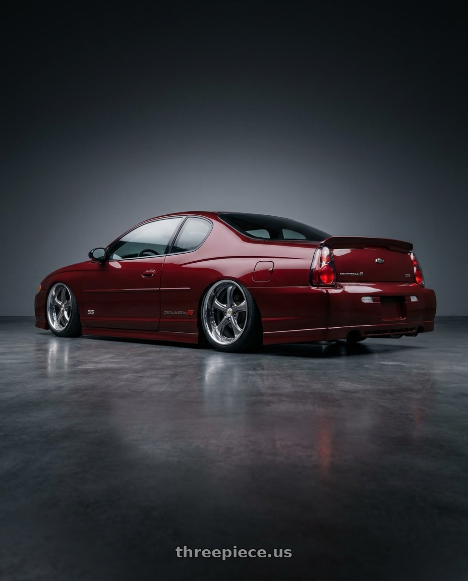 2004 Monte carlo ss with Work Wheels VS-KF 5X114.3 19x7.5+34 Brilliant Silver Black A Disk FULL REVERSE wheels rear three quarter view slight stretch tires